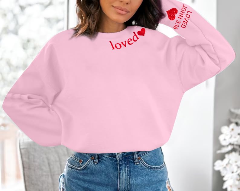 MOUSYA Valentines Day Sweatshirt Women Love Heart Graphic Shirts Christian Pullover Long Sleeve Tops Pink