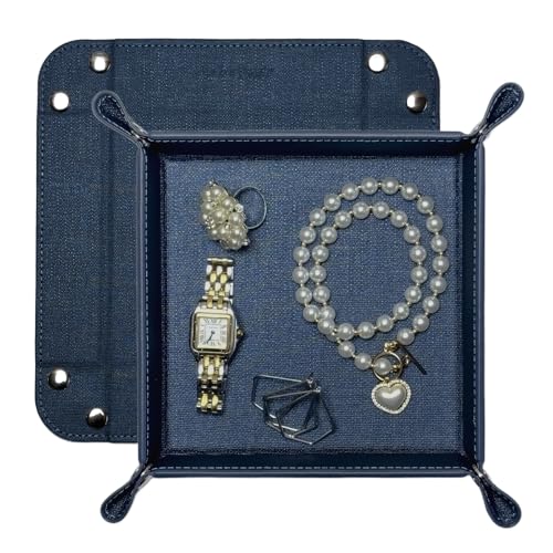 UnionBasic Small Valet Tray, Jewelry Tray for Rings Watches Earrings, Entryway Catchall Caddy for Coins Keys Change, Nightstand Bedside Valet Holder, Trays for Electronic Gadgets, Denim Blue