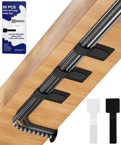 80PCS Hook and Loop Cable Ties, Under Desk Cable Management