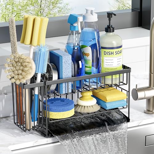 Cisily 2-Tier Kitchen Sink Caddy Organizer Rack with Dish Brush Sponge Holder