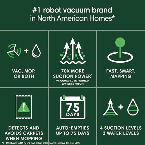 iRobot Roomba 104 2in1 Vacuum & Mop Robot - Self-Empties for 75 Days, Intense Power-Lifting Suction, Vacuums All Floors, Ideal for Pet Hair, LiDAR Smart Navigation Mapping, Mops Hard Floors