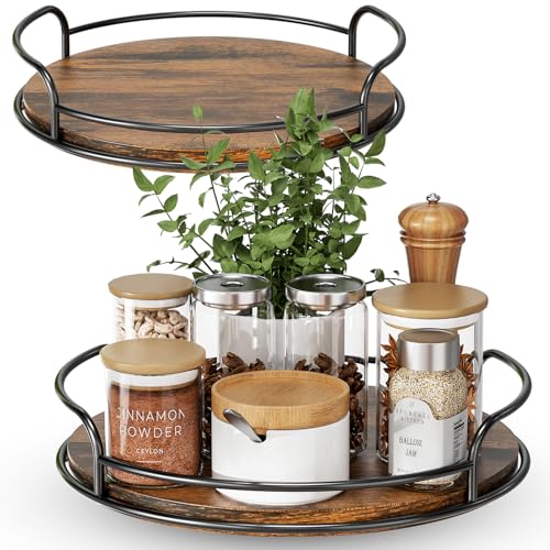 LAMU 2 Pack 9'' 10'' Lazy Susan Turntable Organizer for Table Top Cabinet, Wooden Lazy Susan for Kitchen, Pantry, Countertop, Bathroom Vanity, Spice Organization, Wood Decor