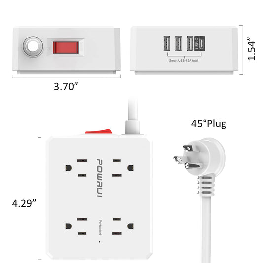 Surge Protector Power Strip - 15 Ft Flat Plug Extension Cord with 8 Widely Outlets and 4 USB Ports(1 USB C), 3 Side Outlet Extender for Home Office, White, ETL Listed