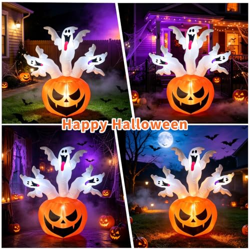 Bajree 6 FT Halloween Inflatable Pumpkin with 3 Ghosts for Outdoor Decor | Halloween Blow Ups Pumpkin Decor with Ghosts, Fast Inflation, LED Lights for Yard, Lawn, Garden and Parties