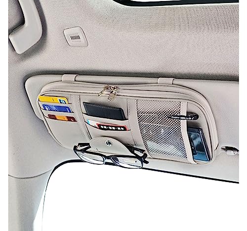 Da by Car Sun Visor Organizer, Multi-Pocket Visor Organizer Storage Pouch for Cars, SUVs & Trucks with Double Zippers, Elastic Bands & Glasses Clip - Organizes Essentials Keep Tidy (Cream Grey)