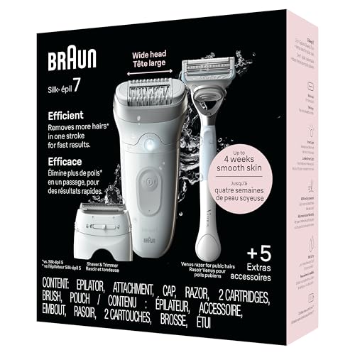 Braun Silk-épil 7 Epilator, Wet and Dry, Wide Head, Includes Venus Intimate Razor, Shaver Head and Trimmer Comb, SE7-141