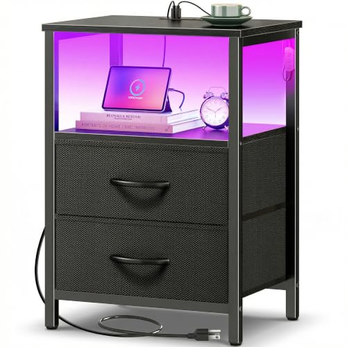Huuger Night Stand with Charger Station and LED Lights, 2 Drawer Nightstand, Bed Side Table with Open Shelf, End Table, Fabric Drawers for Bedroom, Black
