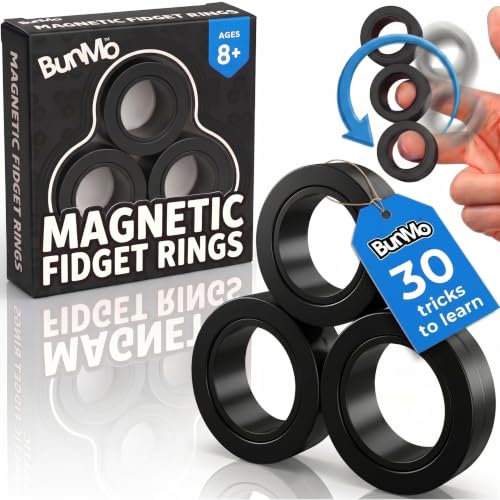 BUNMO Magnetic Fidget Rings – Fidget Toys Adults, Cool Fidgets for Teens, Quiet Fidget Toys, Maximum Strength 8 N50 Magnets, Endless Tricks, Teen Gifts, Fidgets for Kids 8-12, Adult Fidget Toys, Black