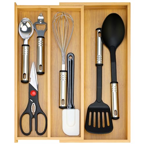Large Bamboo Silverware Drawer Organizer Tray Kitchen Tool Drawer Divider Organizers Storage Expandable Cooking Utensil Organizer Wooden Cutlery Tray Spoon Flatware Organizers Utensil Holder Drawers