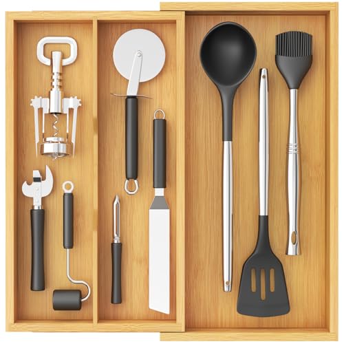 Lifewit Bamboo Utensil Organizer for Kitchen Drawer, Cooking Utensil Tray