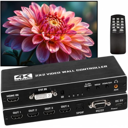 2X2 4K HDMI Video Wall Controller Processor, 8 Splicing Modes (1X2, 1X3, 1X4, 3X1, 4X1), RS232 Serial Control, 180° Rotation, 4 HDMI Outputs, for Control Room & Digital