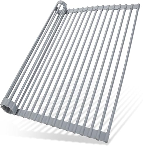 Ohuhu Over Sink Dish Drying Rack Silicone Wrapped 17.6" W x 15.4" L Large Over the Sink Roll Up Dish Drainer - Foldable Sink Drying Rack Rolling Drain Mats Anti-Slip Multipurpose for Kitchen Counter