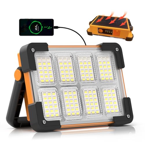 120W Solar Rechargeable Work Light, 144 LED 10000LM Led Work Light with 4 Modes, Portable Flood Light with Stand, IP66 Waterproof Outdoor Working Light for Emergency Mechanic Camping Repair (Yellow)