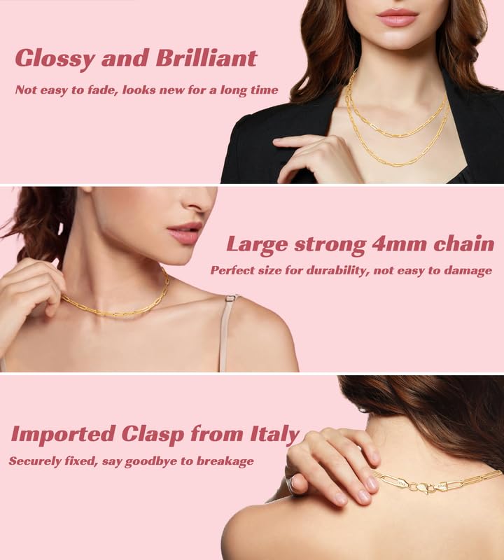 Eterjew 4mm 14k Plated Gold Paperclip Chain Necklace for Women, Women's Paperclip Chain Necklace for Women 26inches