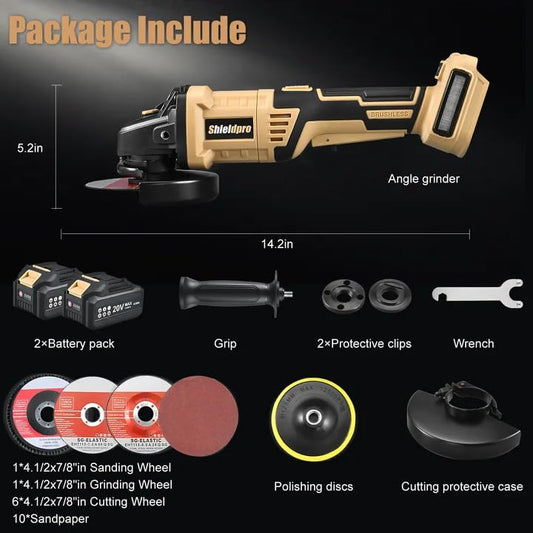 Shieldpro Cordless Angle Grinder 4-1/2 inch,3 Variable Speeds Grinder with Rotating head,2×20V 4.0Ah Batteries,Grinder Tool For Metal Cutting, Grinding, Polishing, Rust Removal
