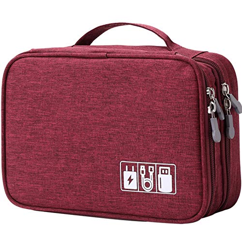mygreen Electronic Accessories Organizer Bag, Waterproof Double Layer Travel Storage Case with Adjustable Padded Dividers, Portable Hard Pouch for Cables, Charger, Power Bank, Phone, Hard Drive Red