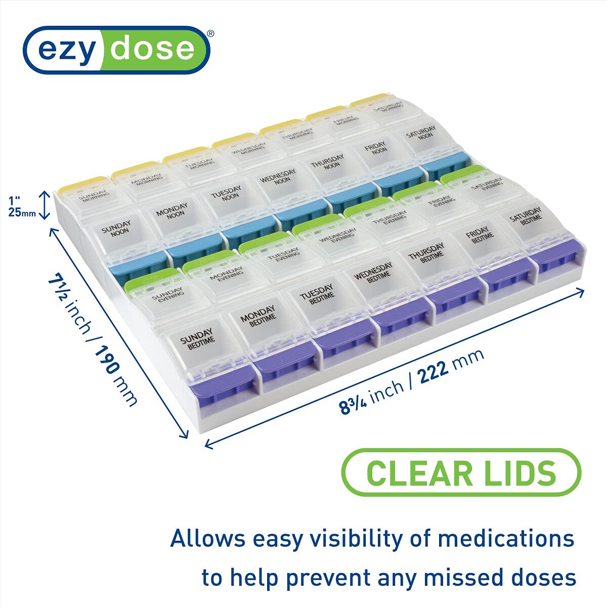 Ezy Dose Weekly (7-Day) Pill Organizer, Vitamin and Medicine Box, 2X-Large Push Button Compartments, 4 Times a Day, Clear Lids