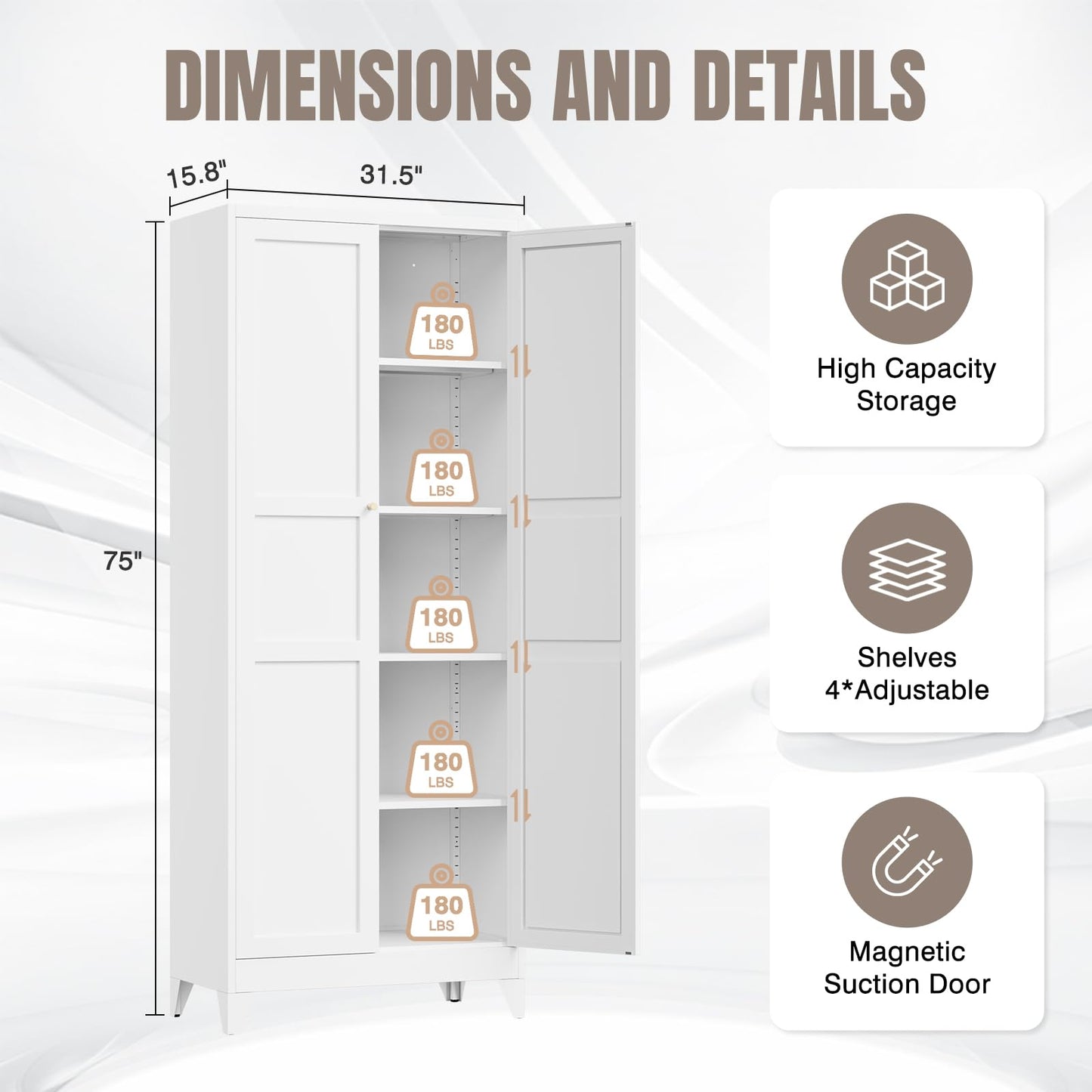 Yizosh Metal Pantry Cabinet, 75" Kitchen Pantry with 2 Door and 4 Adjustable Shelves,White Metal Pantry Storage Cabinet,Cupboard for Kitchen,Dining Room,Living Room and Bathroom
