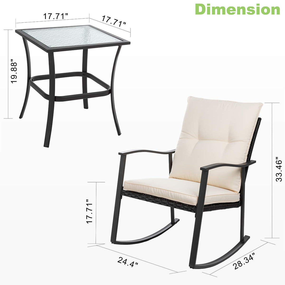 Vongrasig 3 Piece Outdoor Rocking Chair Set, PE Wicker Rattan Small Bistro Set, Front Porch Furniture Rocking Chairs Set of 2, Cushioned Patio Rocker Chair Set with Glass Table (Beige)