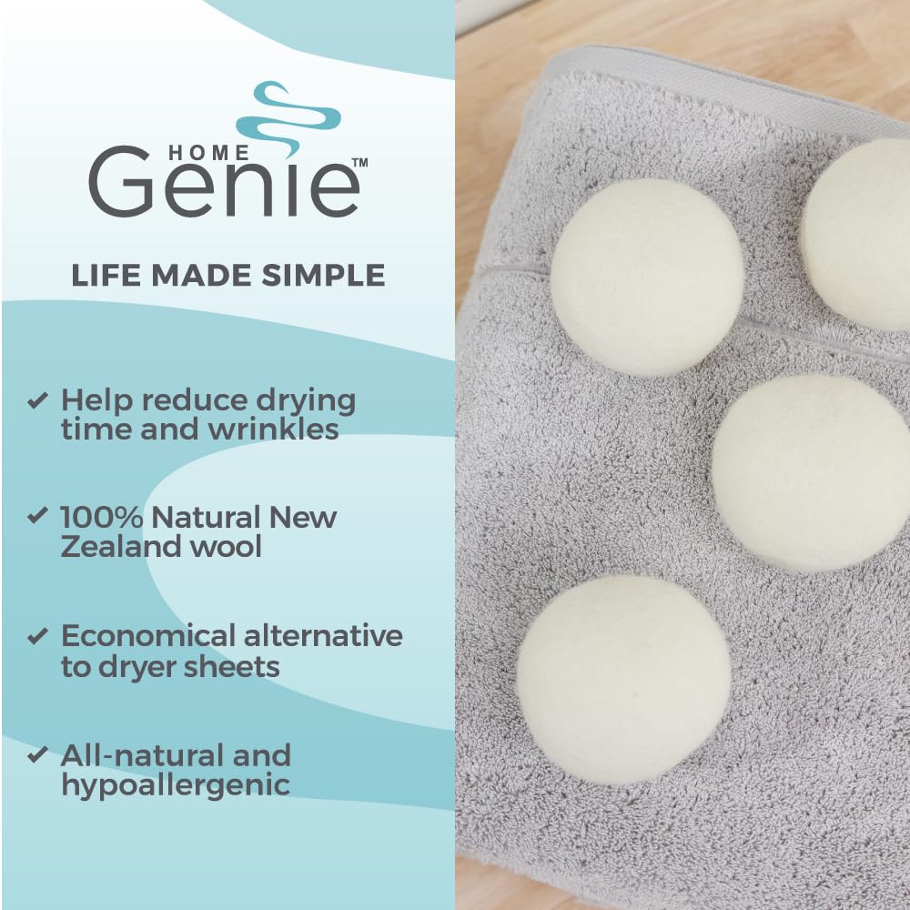HOME GENIE Wool Reusable Dryer Balls XL, Anti Static Fast Drying Laundry for Pet Hair, Reduces Clothing Wrinkles, Lint, Natural Fabric Softener Essentials, Replace Dryer Sheets, Over 400 Loads 4 Pack