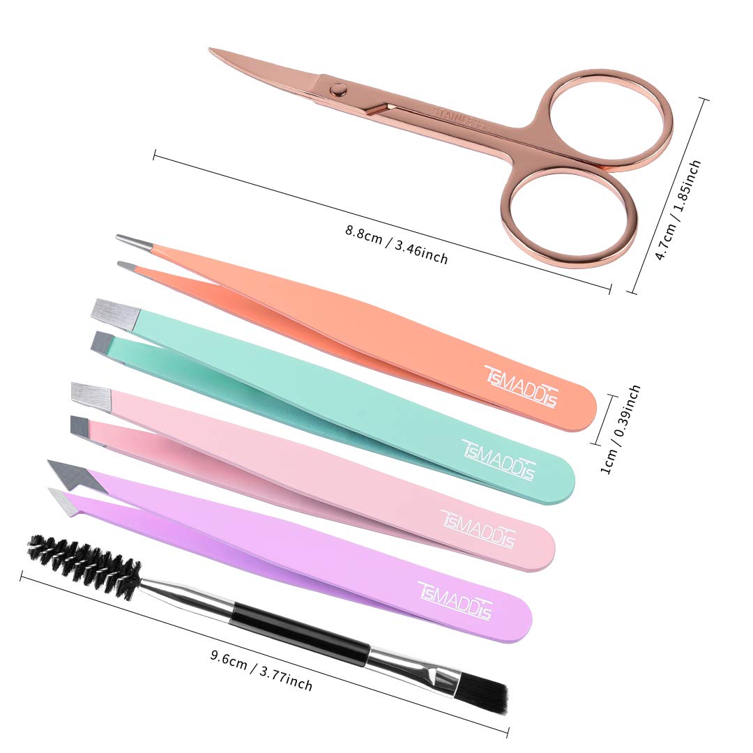 TsMADDTs 6 pcs Tweezers Set for Women, Eyebrow Tweezers with Curved Scissor for Ingrown Hair, Hair Plucking Daily Beauty Tools with Leather Travel Case