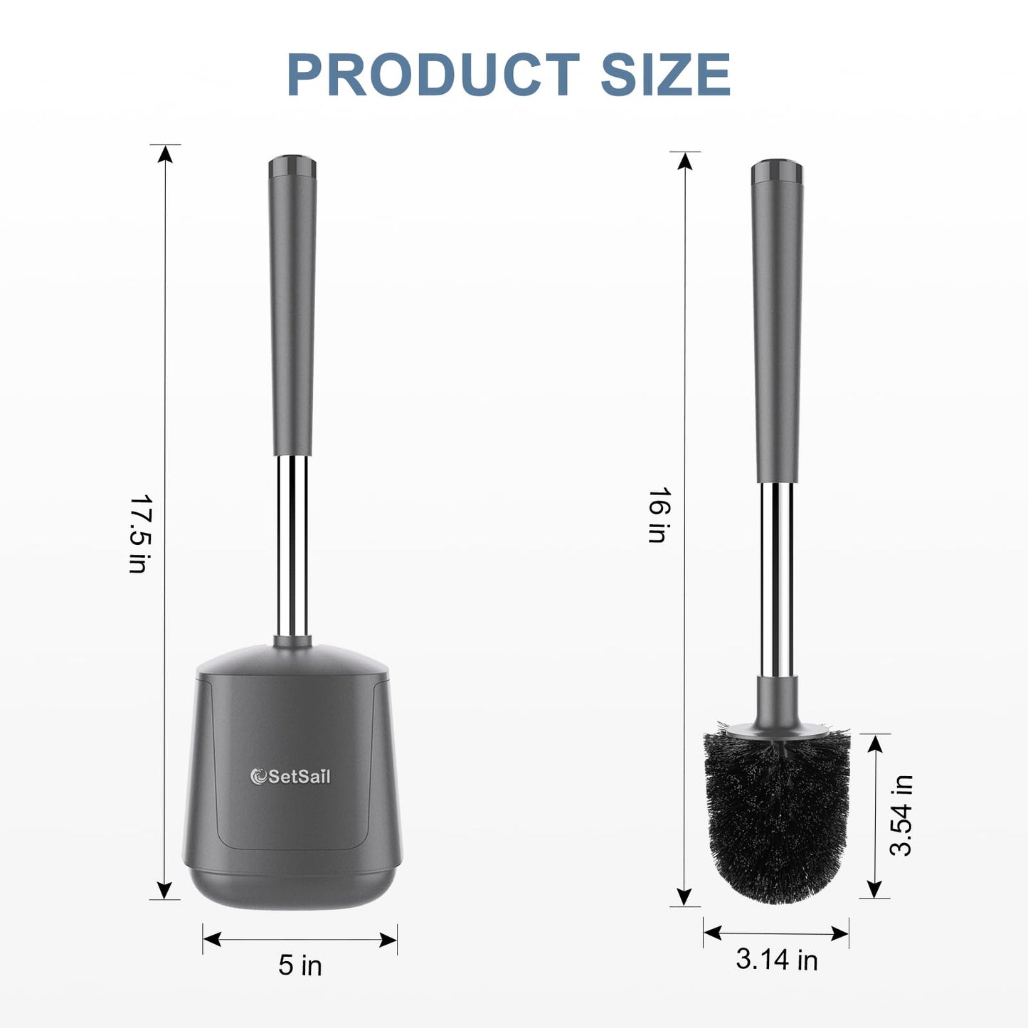 SetSail Toilet Brush and Holder 4 Pack, Self Closing Lid Toilet Bowl Brushes Holder Extra Long Handle Ventilated Toilet Brush Set for Bathroom Cleaning, Nylon Bristles, Grey