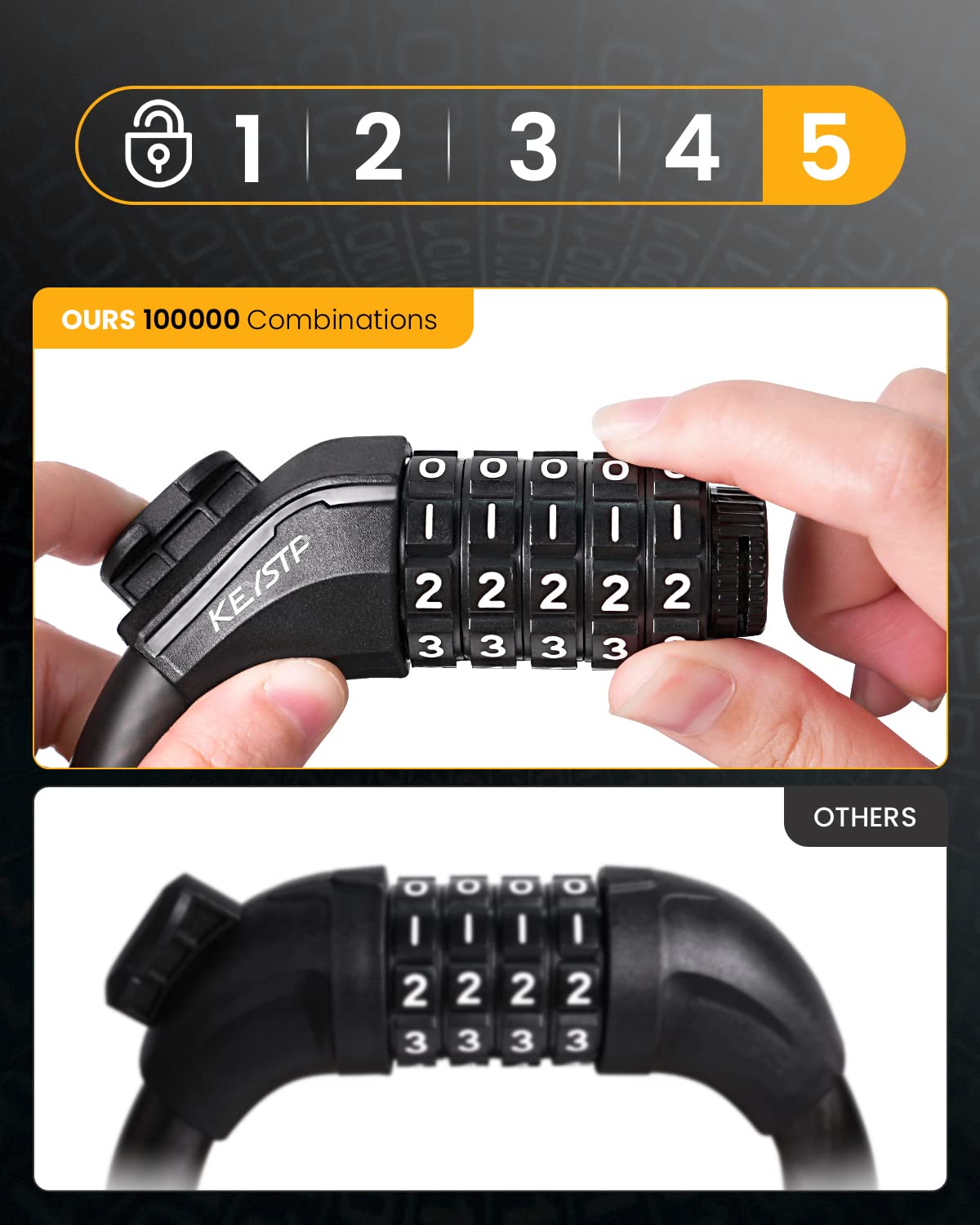 KEYSTP 5-Digit Bike Lock Cable, Heavy Duty Resettable Combination Bicycle Lock, Anti-Theft with Mounting Bracket, Waterproof Steel Cable for Scooters, E-Bikes, Outdoor Use, Black