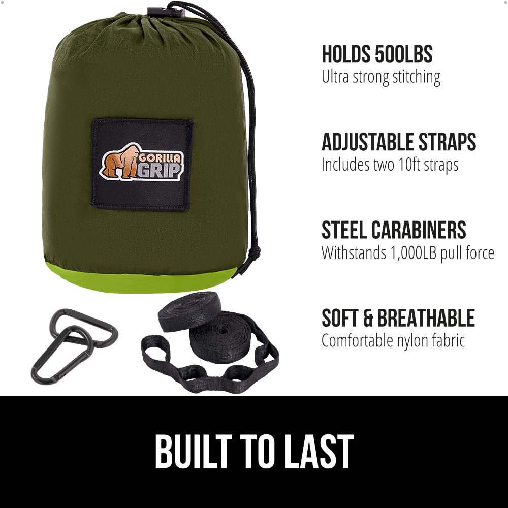 GORILLA GRIP Durable Camping Hammock with Heavy Duty Tree Straps, Portable Hammocks for Outside, Easy to Use Travel Swing Chair, Outdoor Camper Hiker Essentials, Backpacking Gear Gifts, Double, Green
