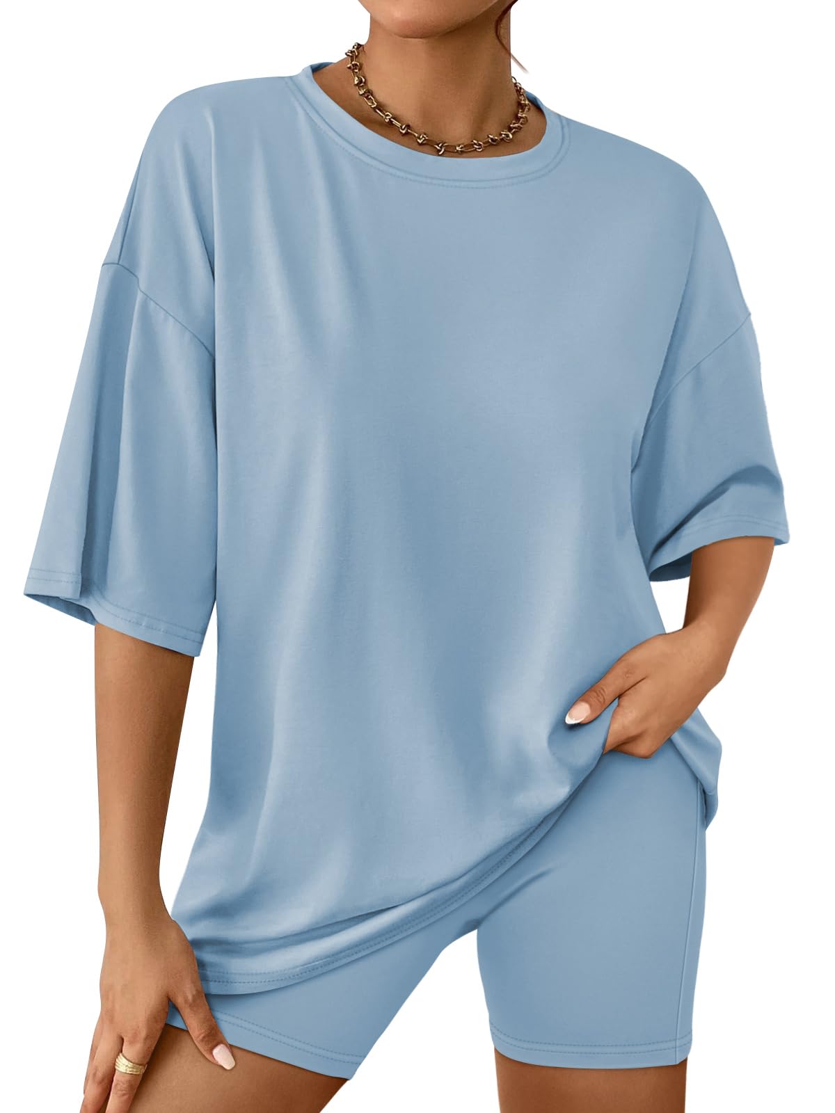 AUTOMET Womens 2 Piece Sets Summer Outfits 2026 Two Piece Lounge Set Matching Clothing Oversized Tshirts Biker Short Fashion Blue Grey M