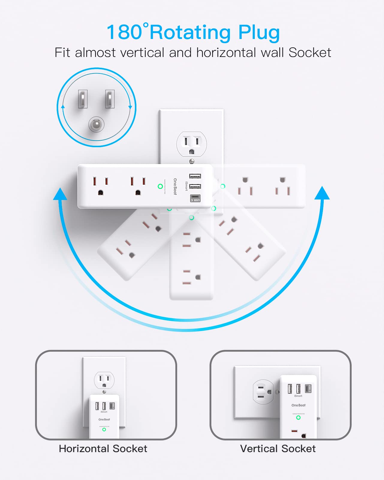 Surge Protector Outlet Extender with Rotating Plug, One Beat 6 AC Multi Plug Outlet with 3 USB Ports (1 USB C), 1800J Wall Charger, 3-Sided Power Strip Spaced Outlet Splitter for Home Office Travel