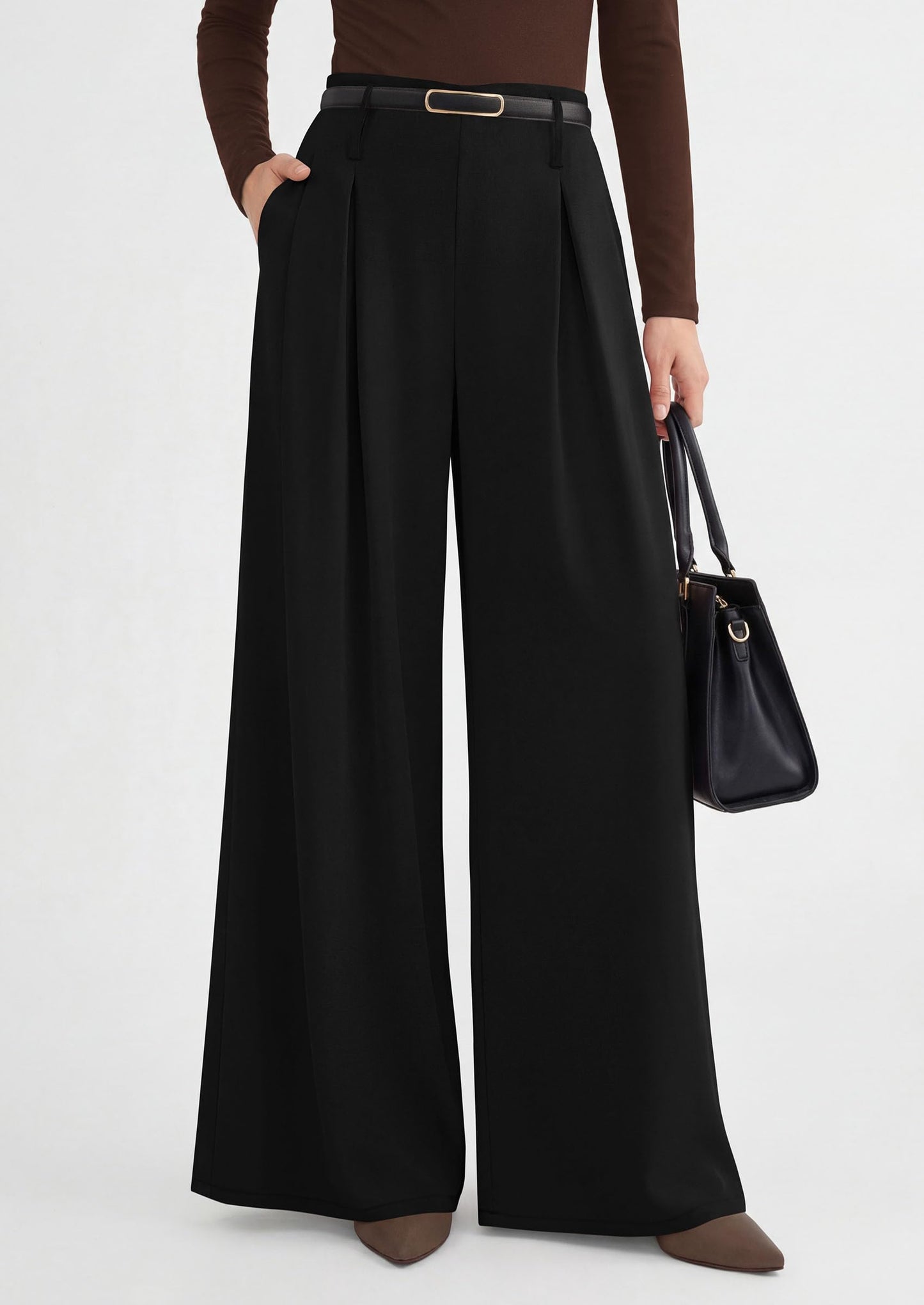 PRETTYGARDEN Womens Spring Trendy Wide Leg Trousers 2026 High Elastic Waisted Extra Long Flowy Loose Pleated Palazzo Work Pants (Black,X-Large-Long)