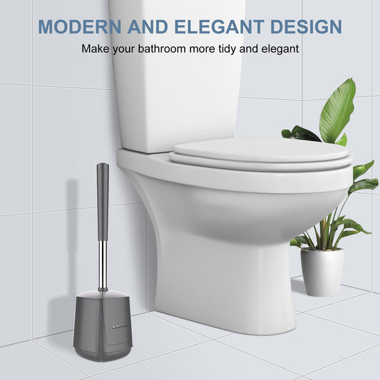 SetSail Toilet Brush and Holder 4 Pack, Self Closing Lid Toilet Bowl Brushes Holder Extra Long Handle Ventilated Toilet Brush Set for Bathroom Cleaning, Nylon Bristles, Grey