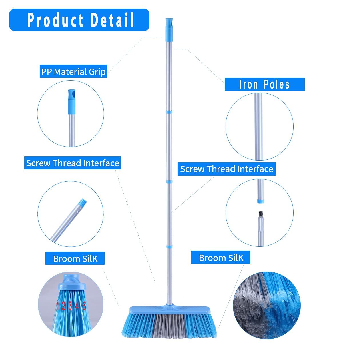 YONILL Indoor Outdoor Broom with Long Handle, 53" Angle Brooms for Floor Cleaning Sweeping Broom for Garage, Patio, Garden, House and Kitchen