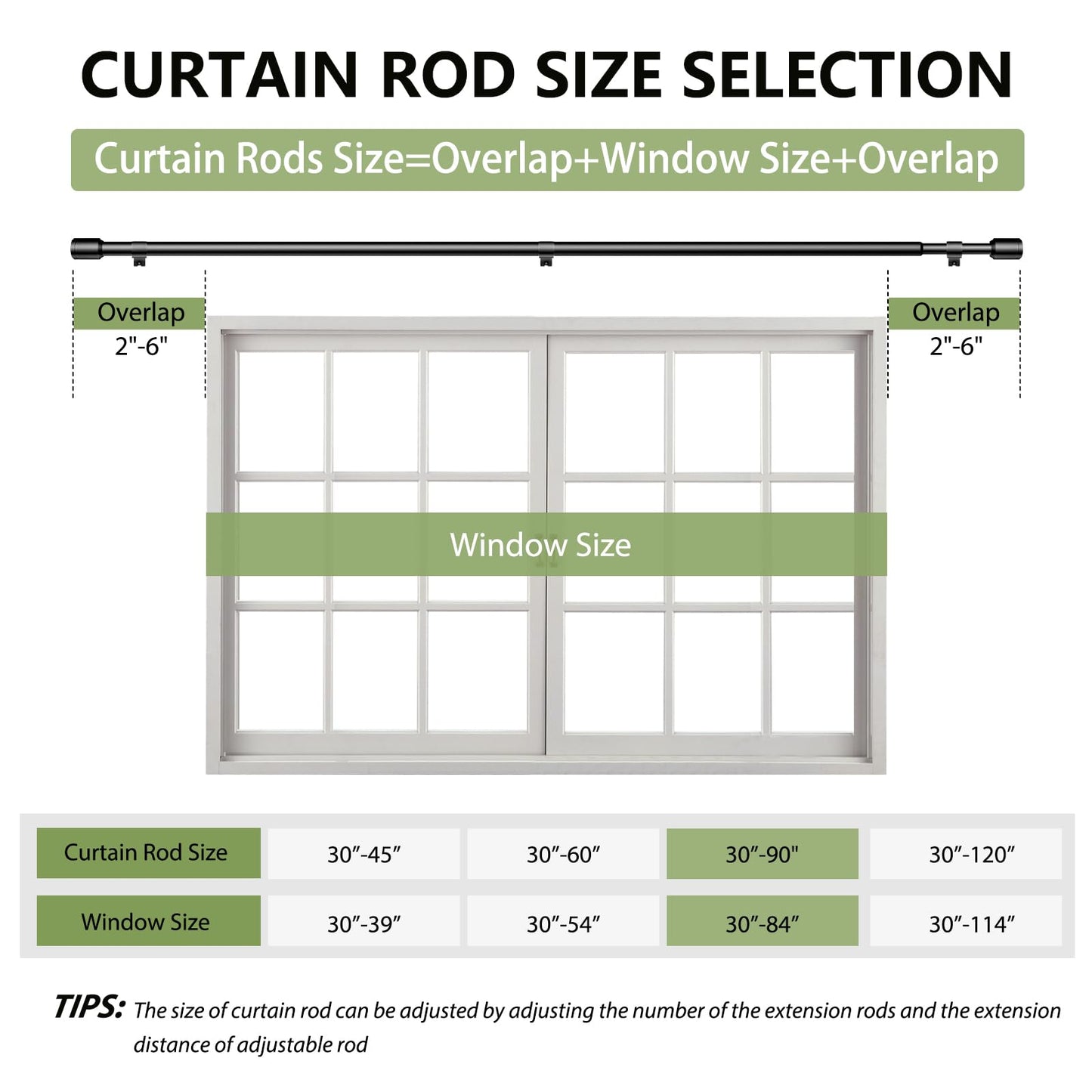 5/8” Diameter Curtain Rods 30-90 Inch, for 30-84 Inch Windows, Adjustable Splicing Black Curtain Rods for Windows with Brackets, Window Rod Long Small Curtains Rod, 2 Pack