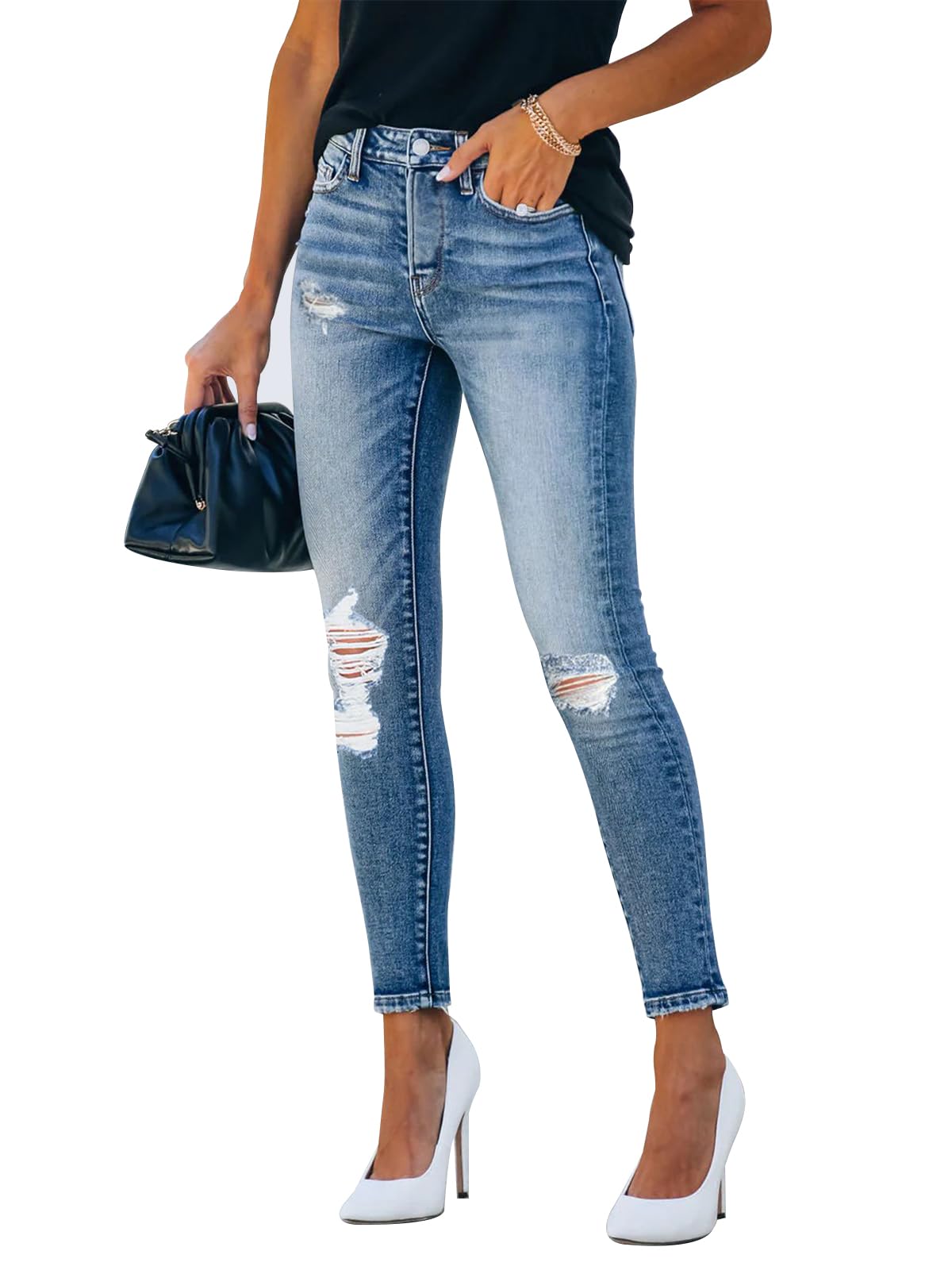 KUNMI Women's Skinny Ripped Trendy Jeans Distressed Stretchy Denim Pants