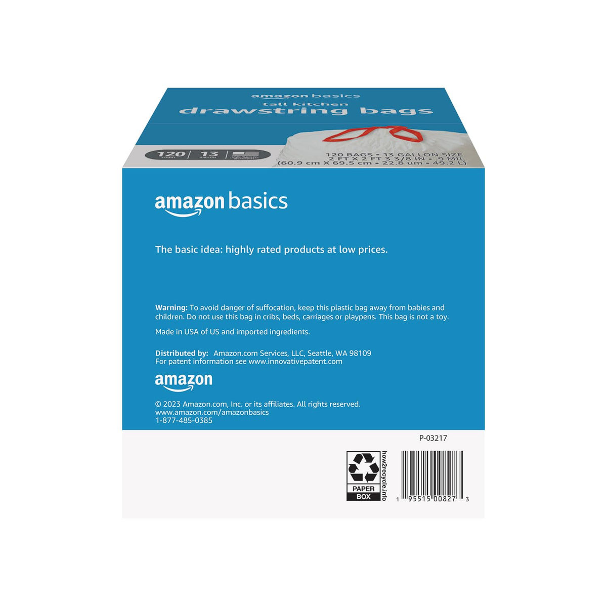 Amazon Basics Trash Bags, Tall Kitchen Drawstring, Unscented, 13 Gallon, 120 Count, Pack of 1