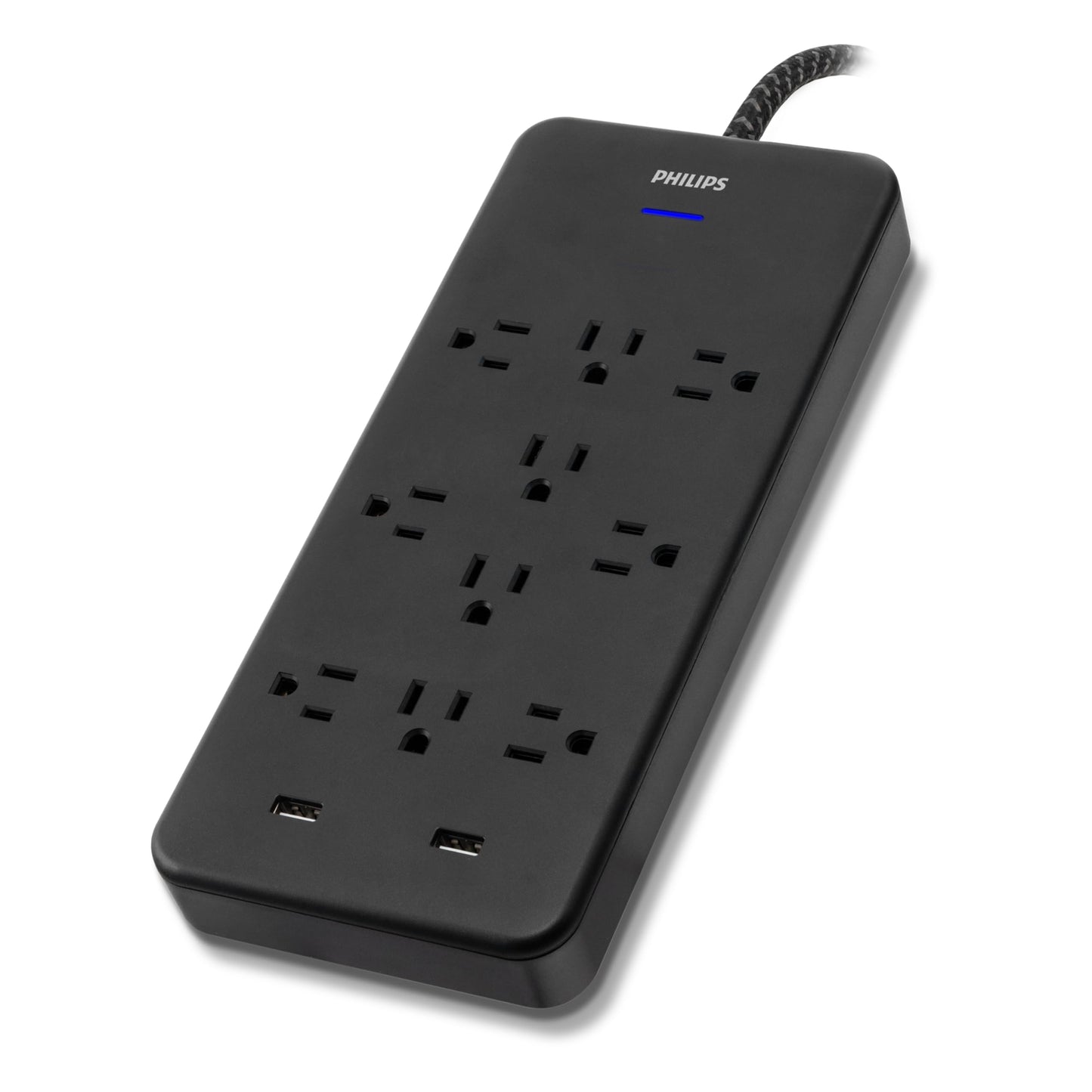 Philips EZFit 10-Outlet Surge Protector Power Strip, 6 Ft Braided Extension Cord, 2 USB Ports, Widely Spaced Outlets, Flat Plug, for Home Office Dorm Essentials, 2880 Joules, Black, SPP3403B/37