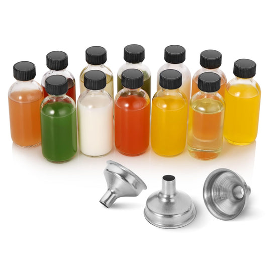 12 Pack, 2 oz Small Clear Glass Bottles w/Lid & 3 Funnels - 60ml Boston Shot Bottles for Health, Immunity, Potion, Wellness, Sample, Ginger, Juice - Mini Personal Care & Beauty Travel Bottle