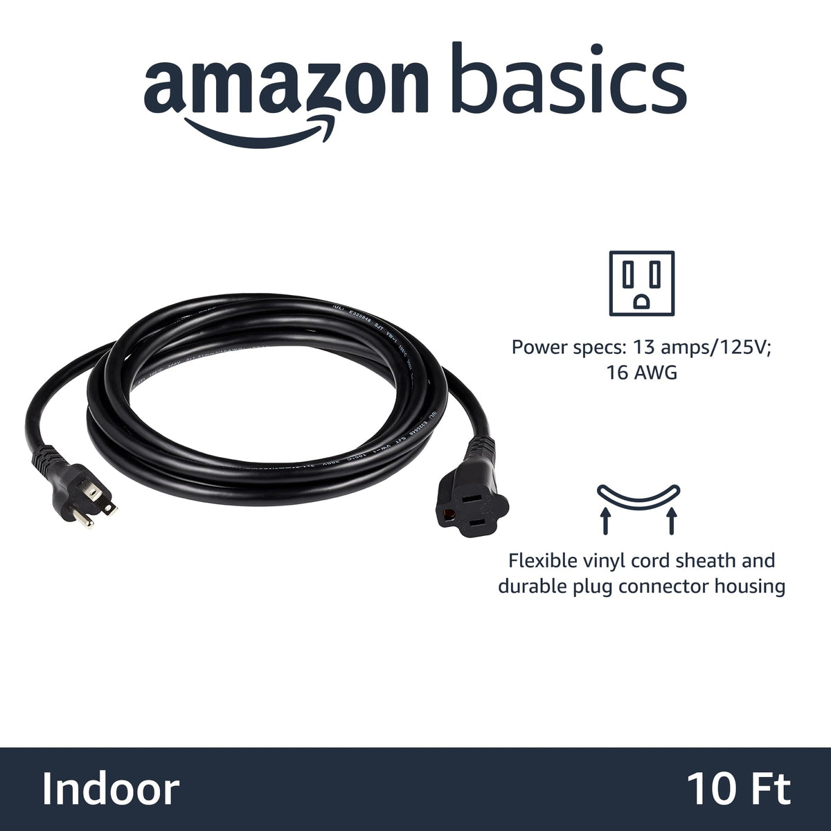 Amazon Basics Extension Cord, 13 Amps, 125V, 10 Foot, Black - Pack of 2