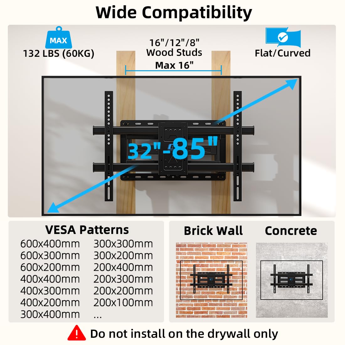 HOME VISION Full Motion TV Wall Mount Bracket for 32-85 Inch Flat/Curved TVs, Dual Articulating Arms with Swivel Tilt Level, 132Lbs Capacity, Fits 16 Inch Studs, Max VESA 600x400mm