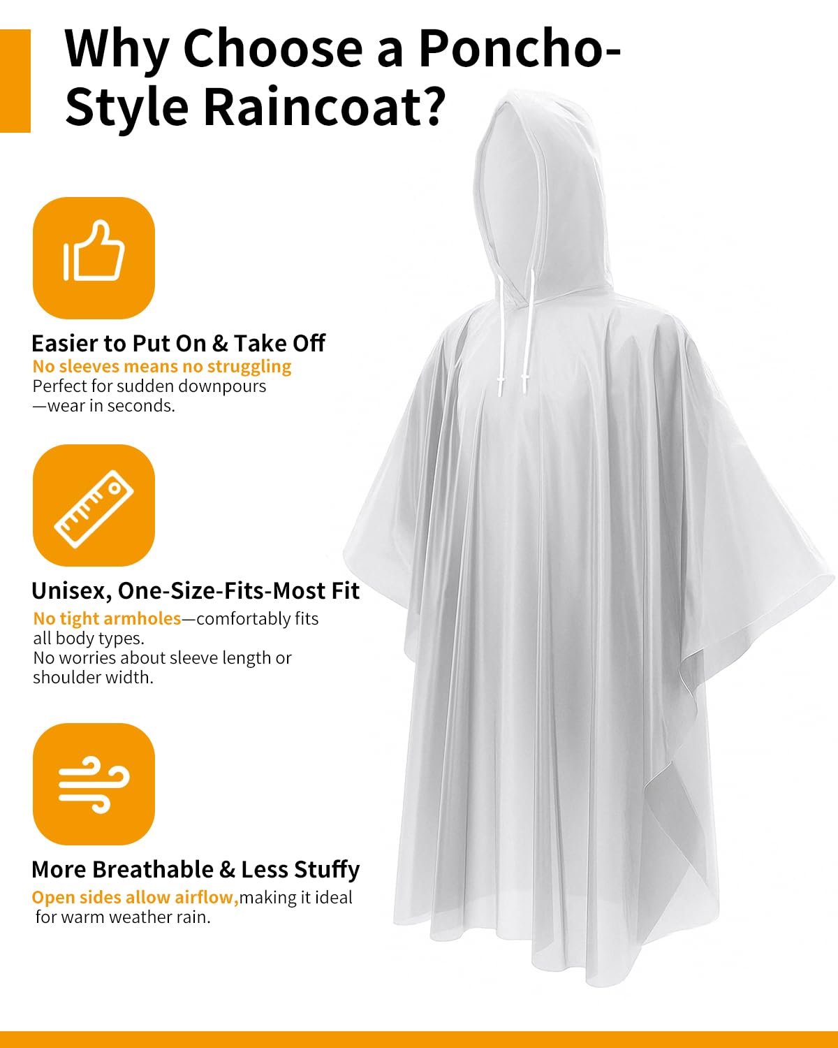 Disposable Rain Ponchos - Extra Long Waterproof Emergency Poncho with Hood for Adults, Bulk Family 6 Pack Raincoat for Park, Concerts, Hiking, Camping Essentials, Home Emergency Survival Kits, Clear