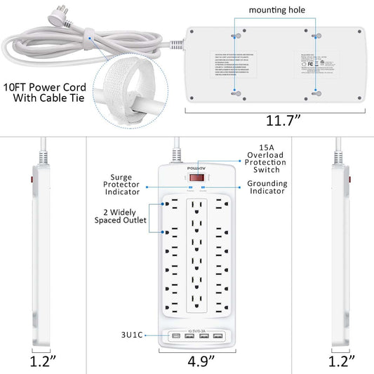 18 Outlets Surge Protector Power Strip - 10 Feet Flat Plug Heavy Duty Extension Cord with 18 Widely Outlets and 4 USB Ports, 2100 Joules, White, ETL Listed