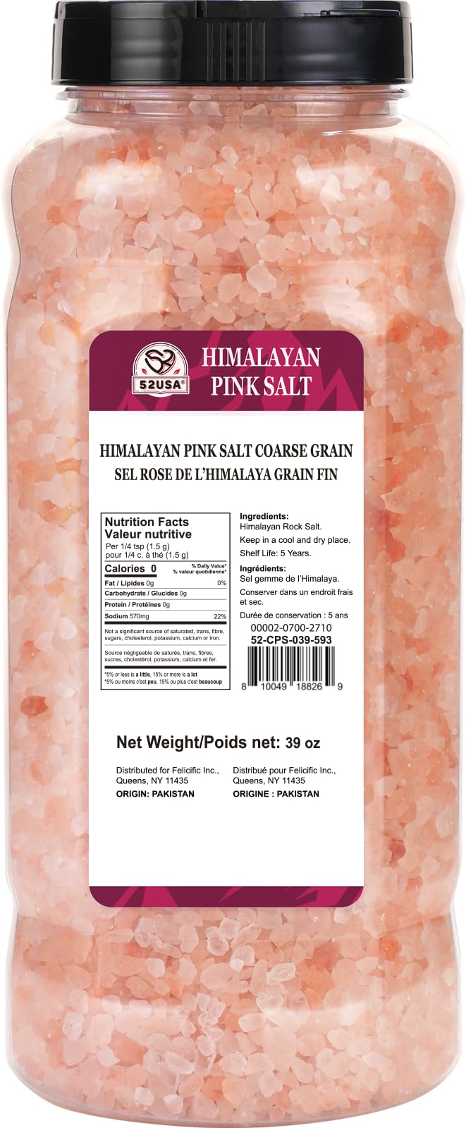52USA Himalayan Pink Salt, Coarse Grain, 39 oz (2.4 LB), Pink Himalayan Sea Salt, Kosher Salt, Sea Salt for Grinder Refill, Himalayan Salt