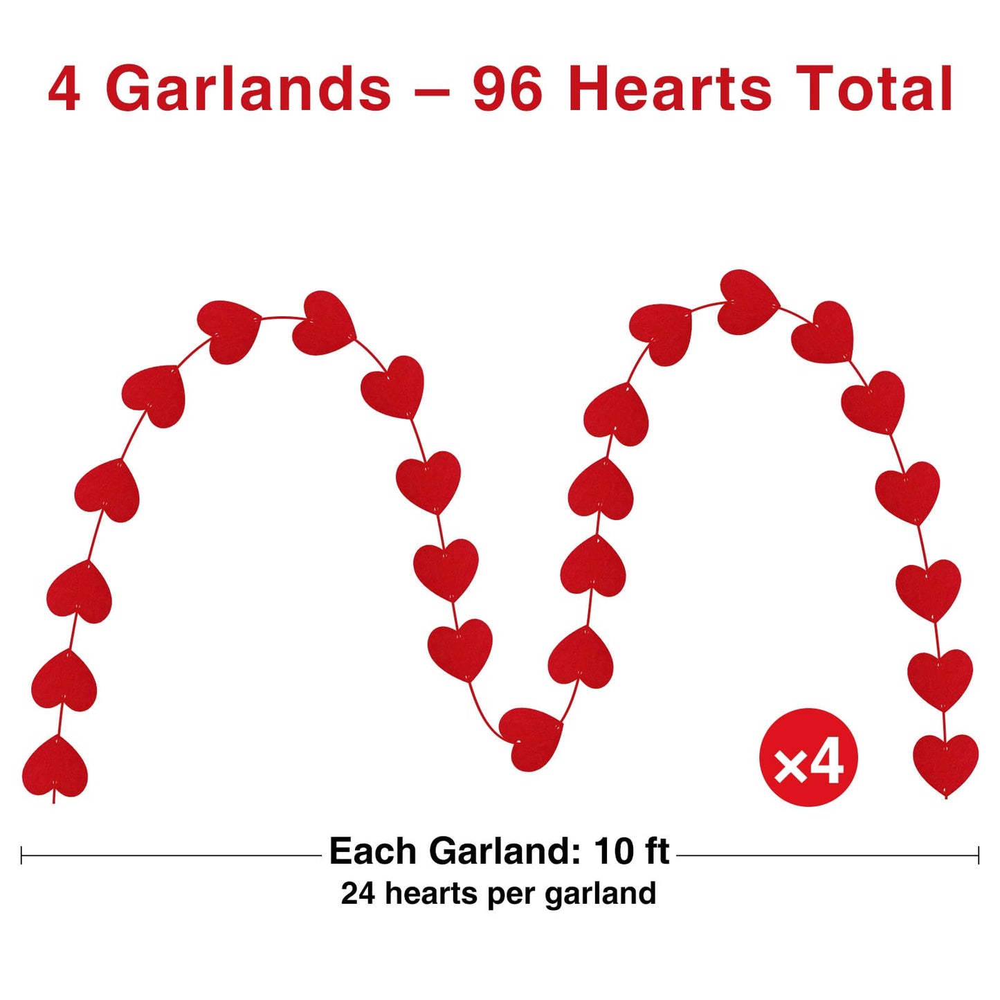 Valentines Day Decorations, 96 PCS Red Felt Heart Garland Hanging, Pre-Assembled Romantic Heart String Garland for Home, Wedding, Anniversary & Party Decor