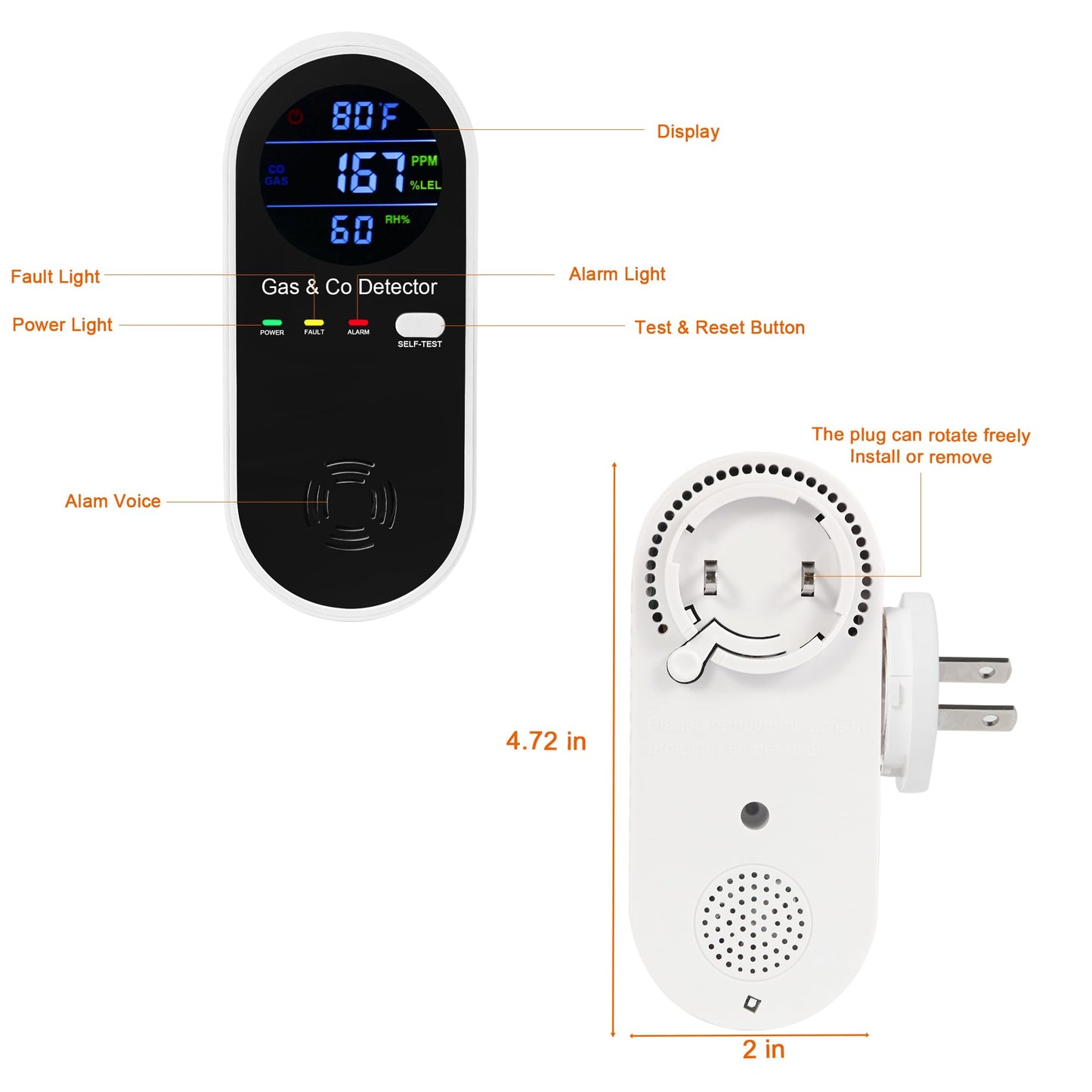 2 Packs Combination Natural-Gas and Carbon-Monoxide-Detector,Koabbit 4-in-1 CO/LPG/LNG Explosive Gas Detector Alarm with Temperature(°F) & Humidity for Home,RV,Hotel,Apartment