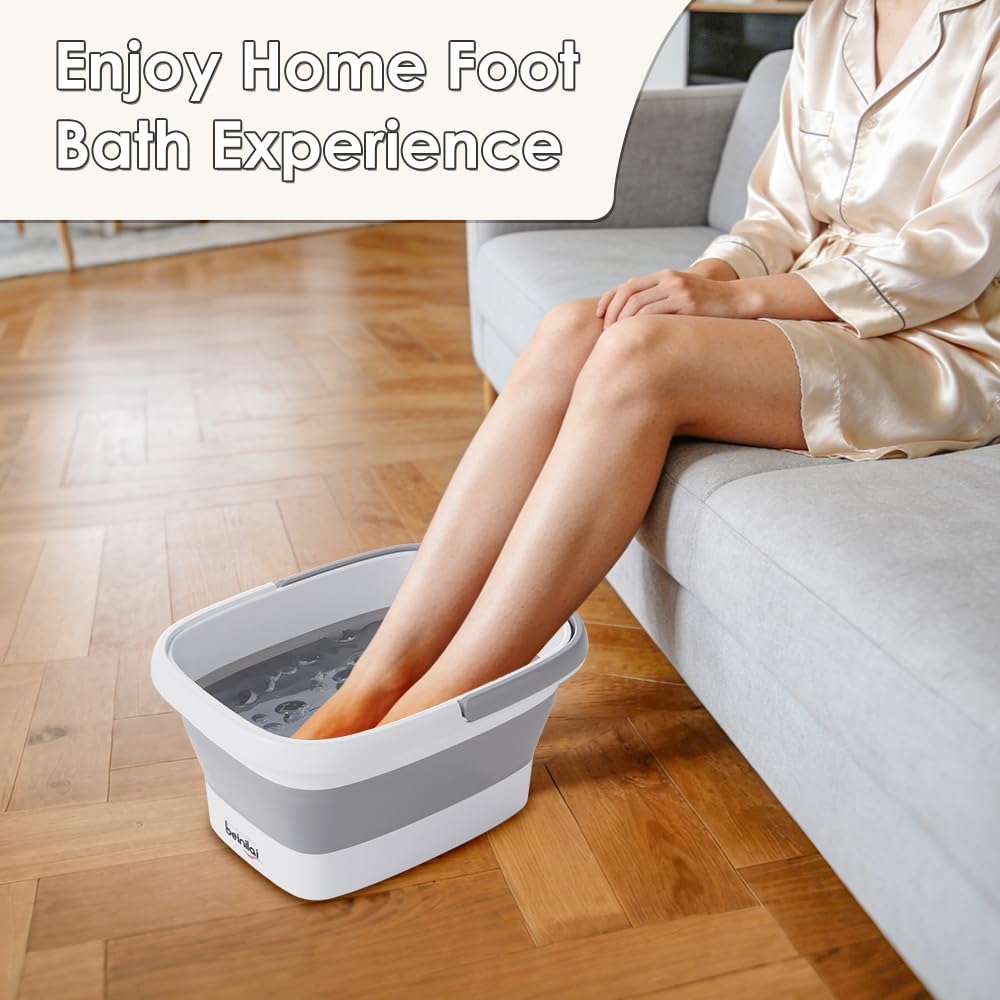Beinilai Collapsible Foot Bath Basin for Soaking Feet,Foot Soak Tub,Plastic Foot Bucket with Handles and Massage Acupoint,Foldable Laundry Basket-Gery