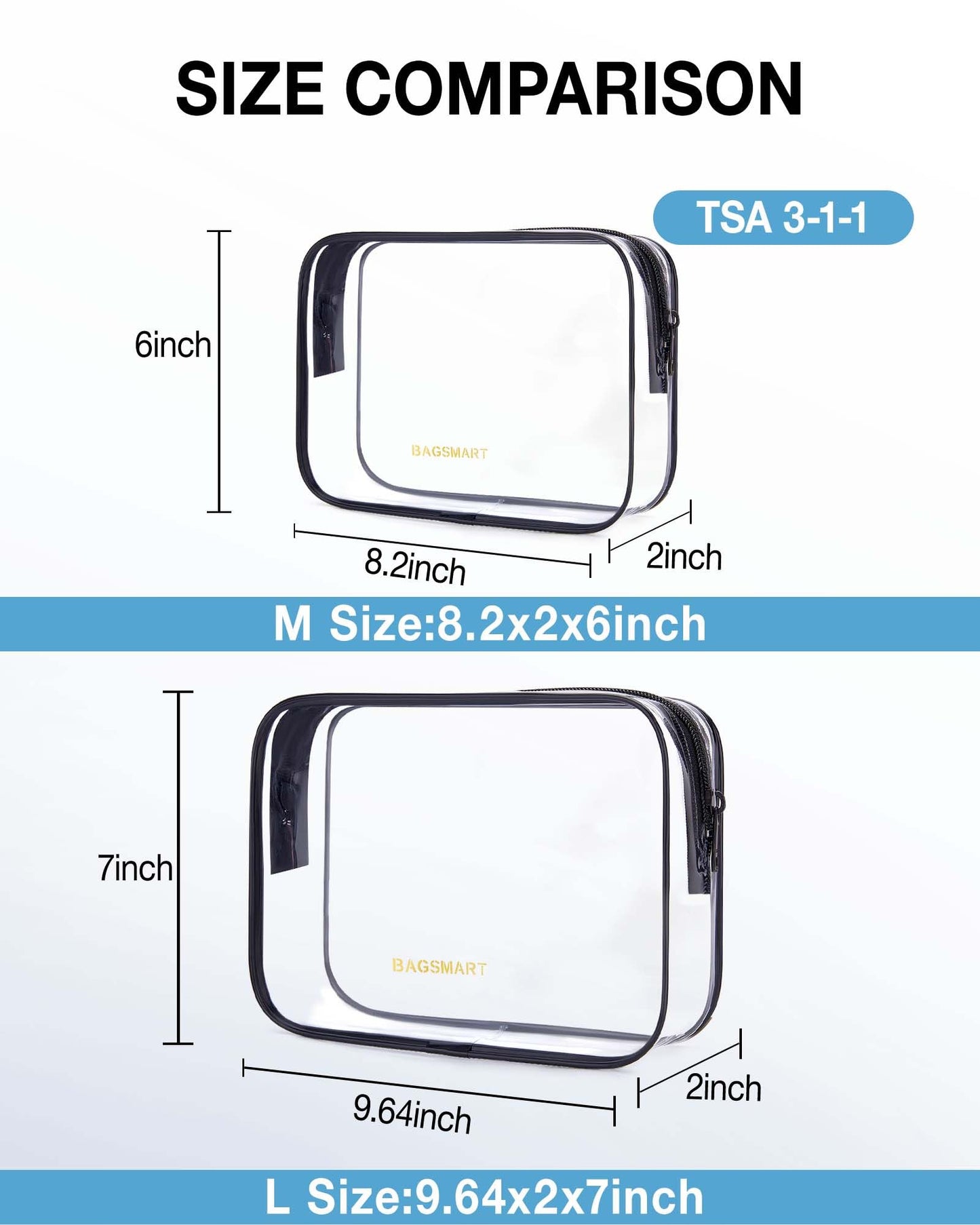 BAGSMART Clear Toiletry Bag, 2 Packs TSA Approved Water Resistant Quart Size Travel Organizer, 2 Sizes Airport Airline Travel Essential Carry On Makeup Cosmetic Bags for Women, Black