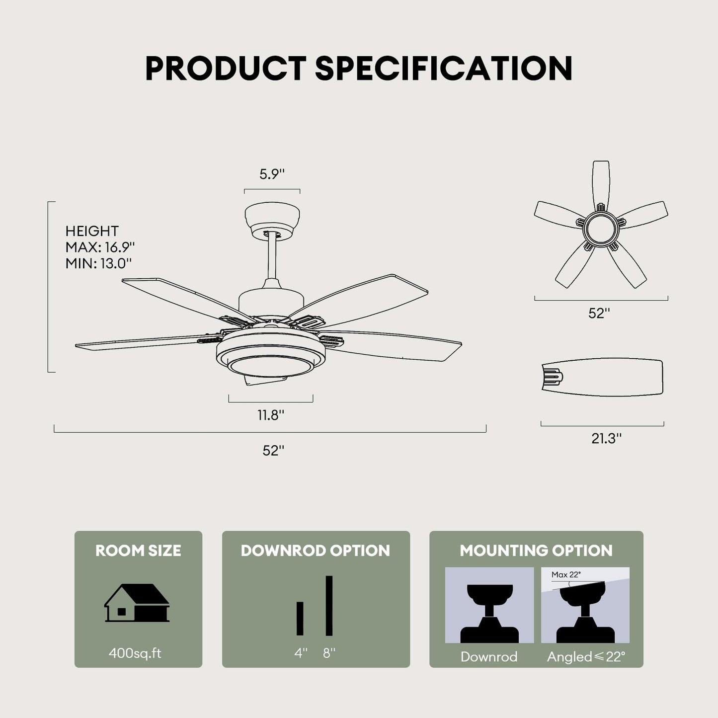 52 Inch Nickel Ceiling Fans with Lights and Remote Control for Bedroom, Modern Ceiling Fan with Quiet Reversible DC Motor, 3CCT, Dimmable, LED for Living Room, Patio, Indoor and Outdoor