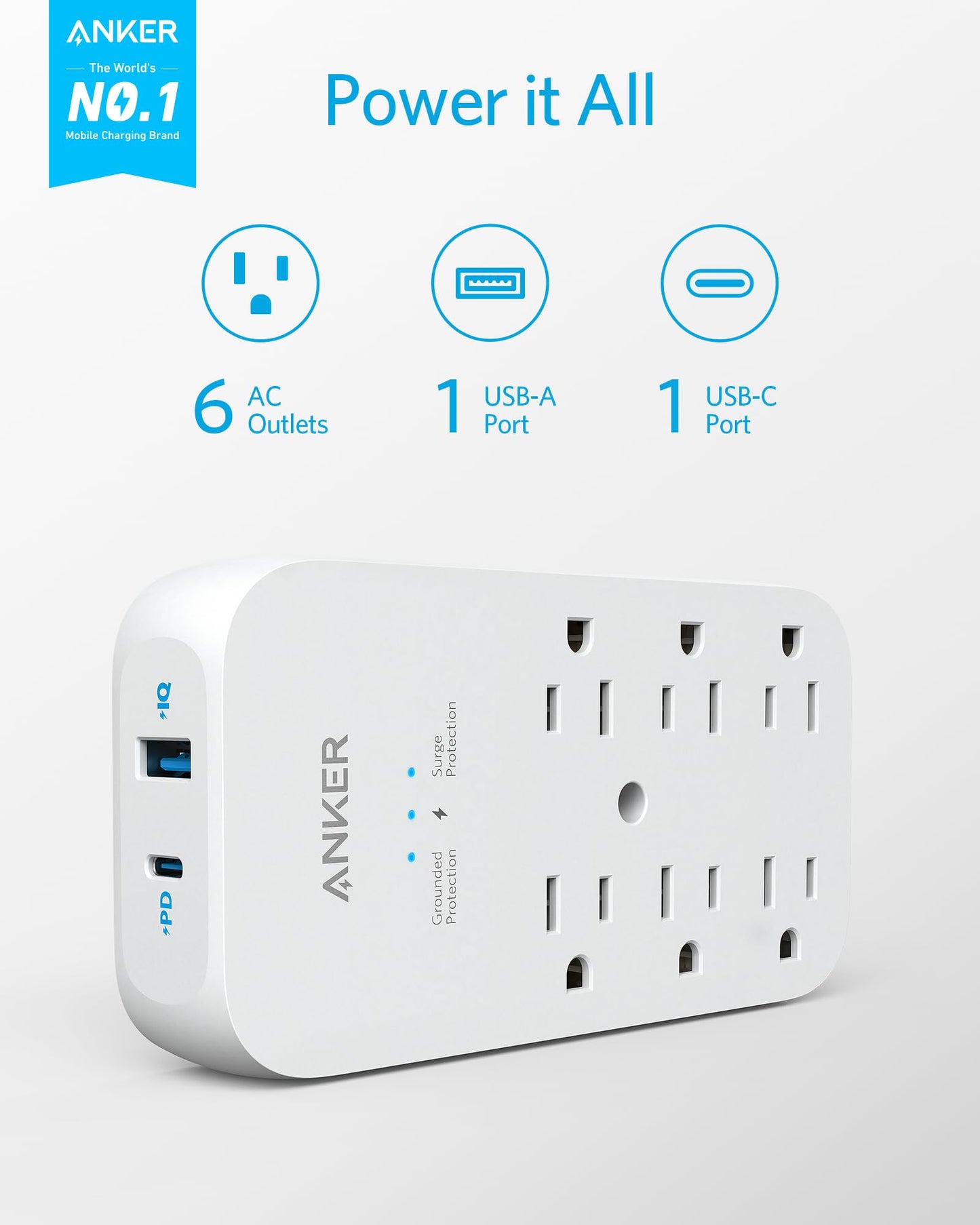 Anker Outlet Extender and USB Wall Charger, 6 Outlets and 2 USB Ports, 20W USB-C Power Delivery High-Speed Charging iPhone 15/15 Plus/15 Pro/15 Pro Max, Multi-Plug for Dorm, Home, and Office
