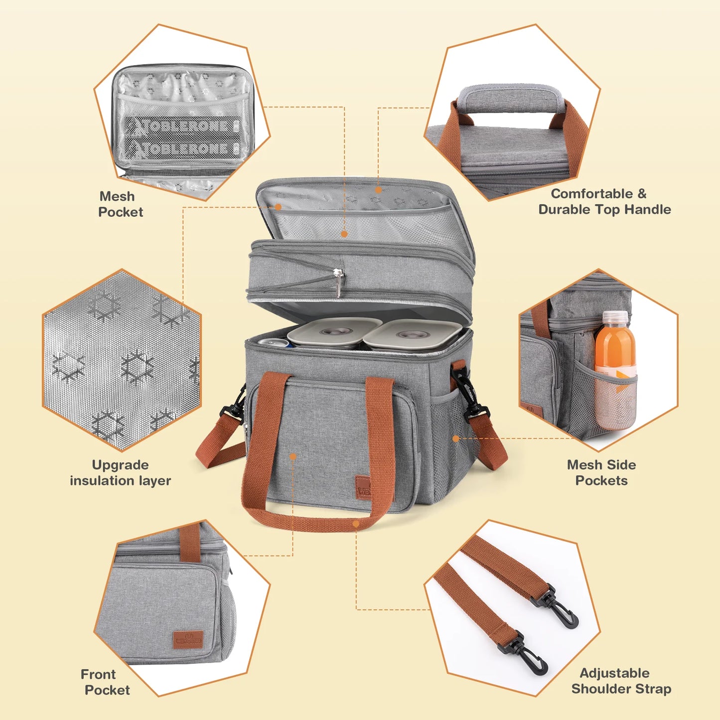 Insulated Lunch Bag, 17L Expandable Double Deck Lunch Tote Bag for Women/Men, Leakproof Freezable Cooler Box W/ Side Tissue Pocket&Adjustable Shoulder Strap, Suit for Work,School,Camping,Picnic(Gray)